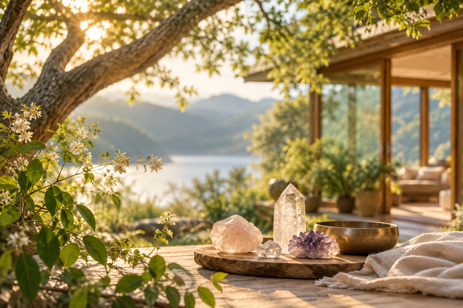 Sunlit home by a lake beneath a leafy tree, with quartz and amethyst crystals on a natural wood table